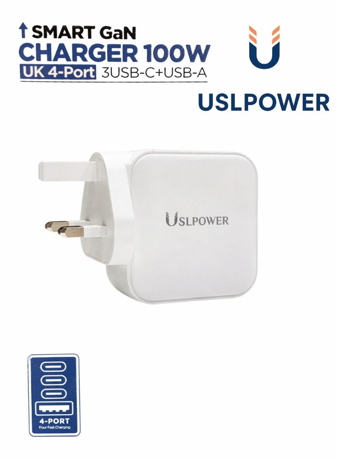 USLPOWER 100W GaN Power Adapter, 4-Port USB-C & USB-A PD Fast Charger, UK Plug Wall Charger for MacBook Pro/Air, iPhone 16/15, iPad, Samsung Galaxy, Laptops & Tablets - Image 1
